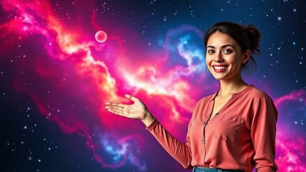 Enthusiastic woman presenting cosmic astrology forecast 2026.