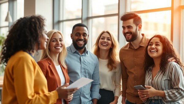 Diverse team collaborating for better employee engagement in a bright office.