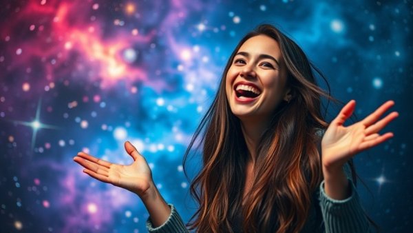 Astrology Predictions for the 9th House cosmic theme with smiling woman.