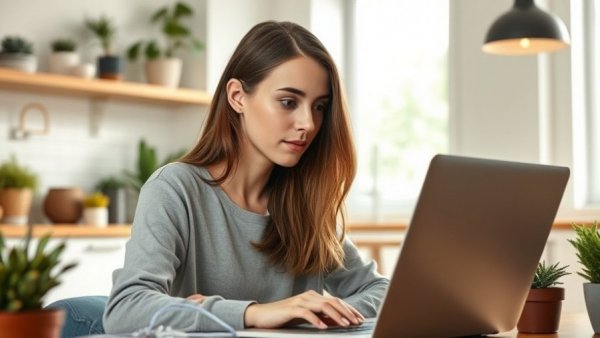 Young woman focused on HR analytics in a modern workspace.