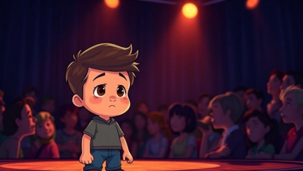 Young boy on stage overcoming fear of blushing, Cartoon Style, vivid colors.