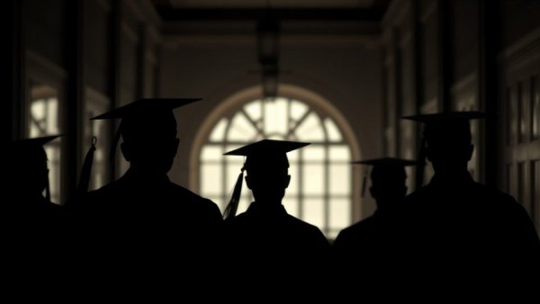 Silhouetted recent graduates in gowns with caps, shadowy setting.