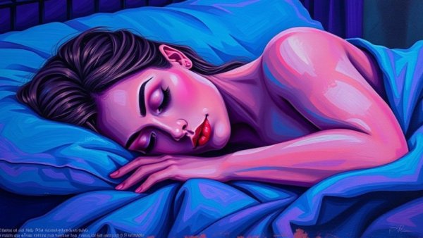 Insomnia and emotional well-being depicted in a serene painting of a woman sleeping peacefully.