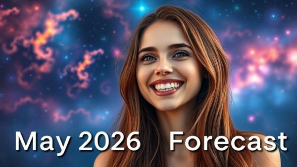 Astrology Forecast 2026 with smiling woman and cosmic background