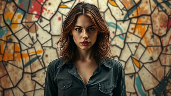 Determined woman embodying the burden of family care, abstract background.