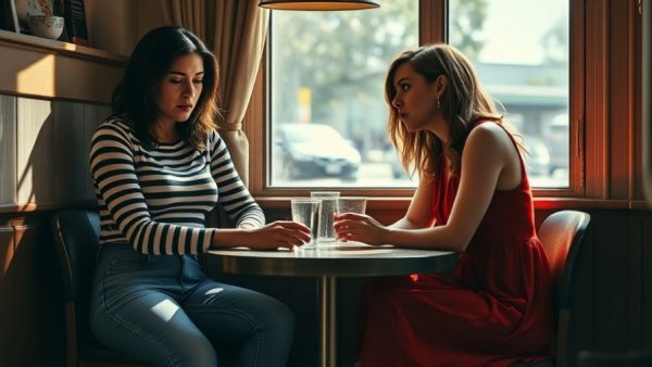 Two women at a cafe table with intense expressions discussing controlling friendships.