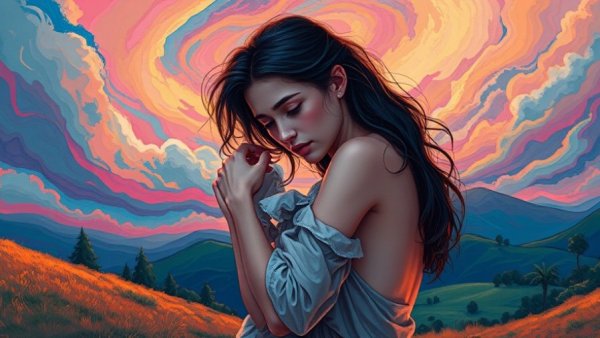 Vivid impressionistic artwork of woman feeling vulnerable under swirling sky.