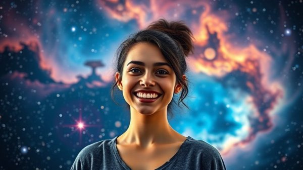 Astrology Forecast 2026 workshop cosmic background featuring smiling woman.