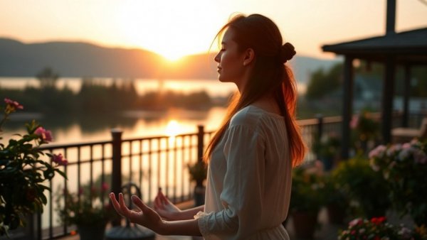 Serenity at sunset, woman meditating with calming sounds for anxiety.