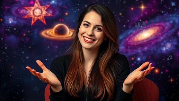 Smiling woman discussing astrology predictions with cosmic backdrop.