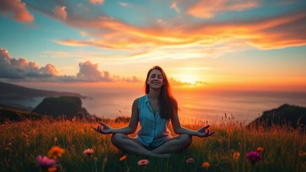 Serene woman meditates overlooking sunset, symbolizing financial trauma recovery.