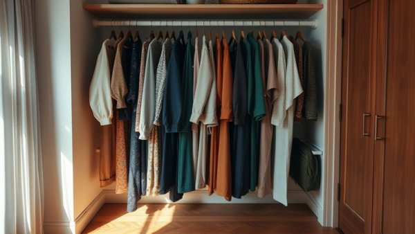 Organized wardrobe with colorful clothes in a minimalist home setting.