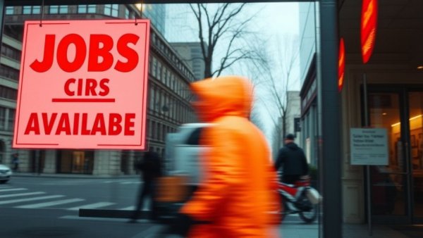 Person in orange coat passing 'Jobs Available' sign on city street, highlighting employment opportunities.