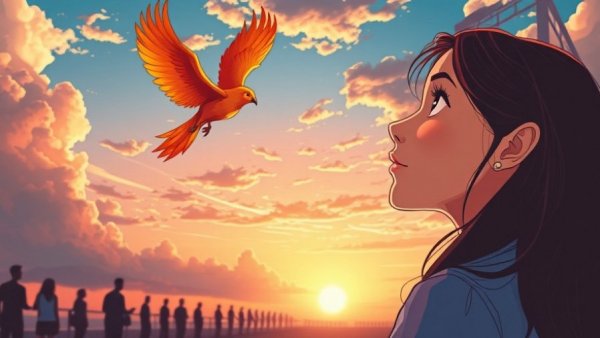 Dreamlike illustration of a woman observing a phoenix in a sunset sky, symbolizing breaking free from societal expectations.