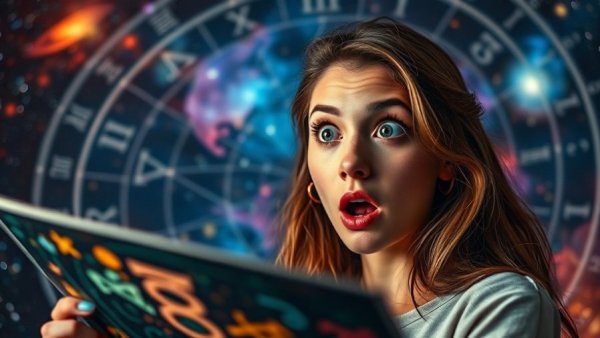 Astrology Predictions with cosmic background and surprised woman.