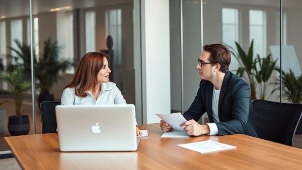 Employees discussing strategies for HR transformation in a modern office.