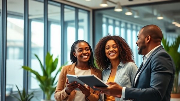Professionals discussing AI transformation in organizations in a modern office.