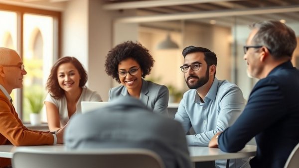 Diverse team discussing HRIS implementation strategies in an office.