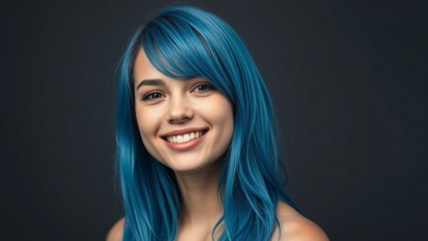 Smiling young woman with blue hair, studio portrait image.