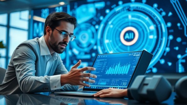 AI in HR: Professionals analyzing data with AI elements in office.