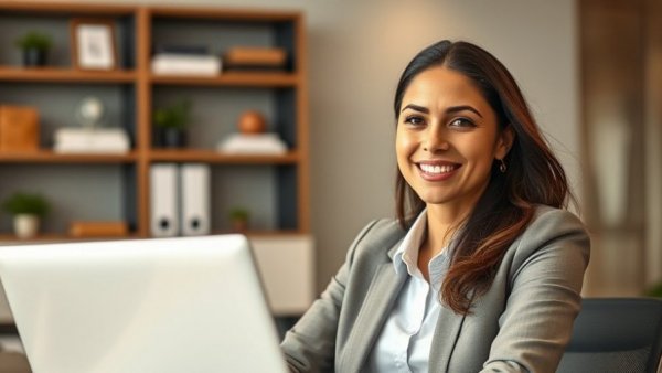 Employee retention strategies: professional businesswoman smiling confidently at a desk.