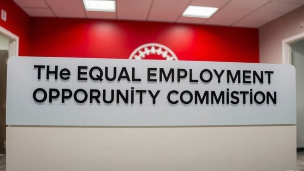 Equal Employment Opportunity Commission sign in a red office setting.