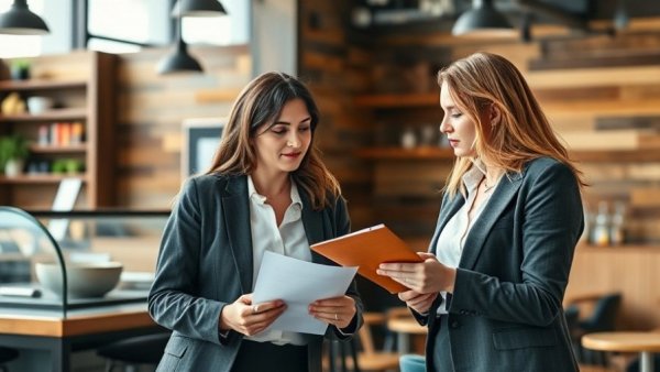 Businesswomen analyzing documents in cafe setting.
