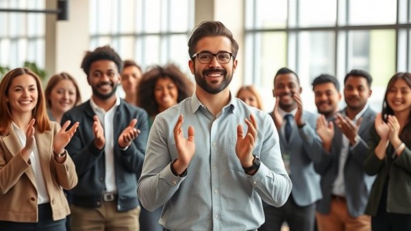 Diverse team applauding colleague, illustrating employee retention strategies.