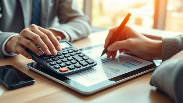 HR software ROI calculation with calculator and tablet spreadsheet.