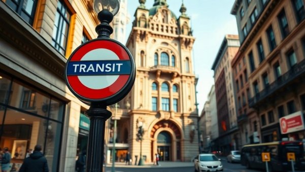 Public transit sign with historic architecture indicating urban transit scene.