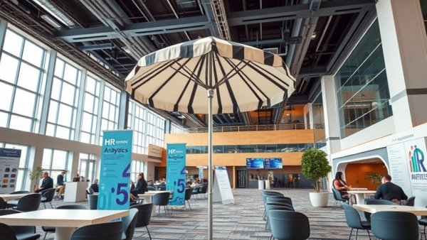 HR analytics themed conference venue with striped umbrella