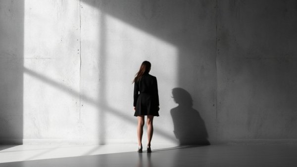 AI in Human Resources concept with woman and shadow in minimalist room.
