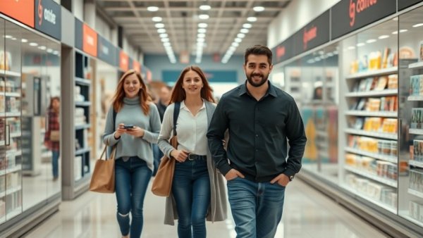 Shoppers navigating aisles in retail setting, casual atmosphere.
