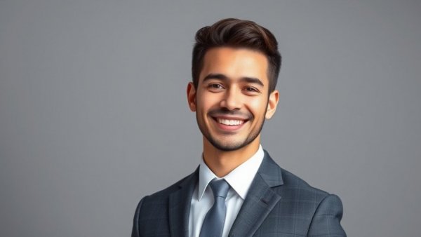 Confident smiling young man in formal attire, studio shot.