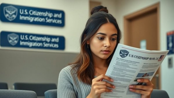 Woman reading pamphlet on U.S. citizenship in immigration office, H-1B visa cap.