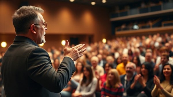 Motivational speaker engaging a large audience in an auditorium.
