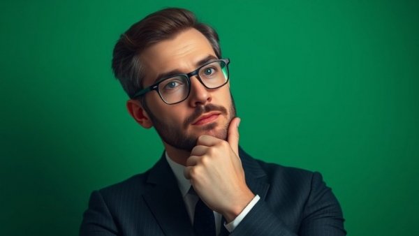 Thoughtful man considering, reflecting on interview as spectacle.