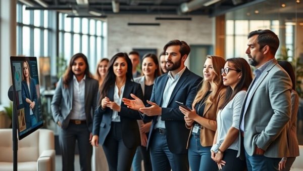 Diverse professionals standardize HR reporting for SaaS in modern office