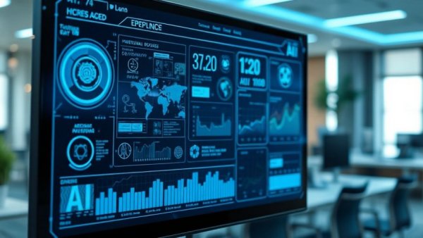 Futuristic AI interview technology interface in modern office