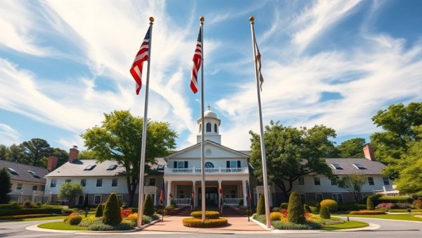 Charming resort entrance with flags and elegant architecture under clear sky.
