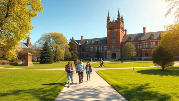 Students walking on university campus with historic building
