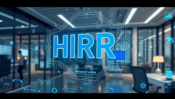 Futuristic digital interface depicting AI hiring solutions
