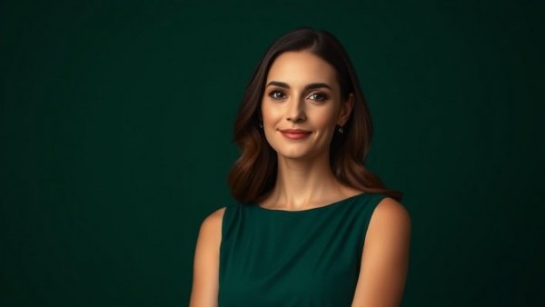 Confident woman in green dress for hiring solutions concept