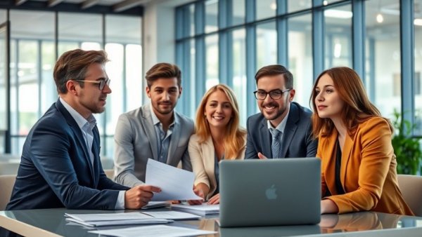Diverse professionals discussing an efficient recruitment process in an office.