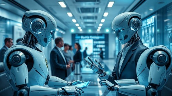 Futuristic office with robots for automation in recruitment.