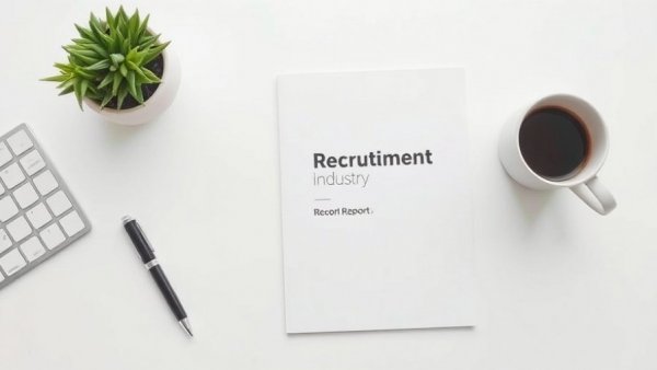 Modern workspace with recruitment industry analysis report and coffee.