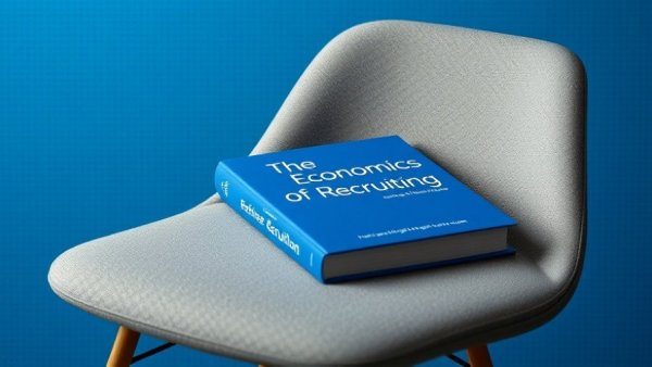Blue book on chair with recruiting economics text and download option.