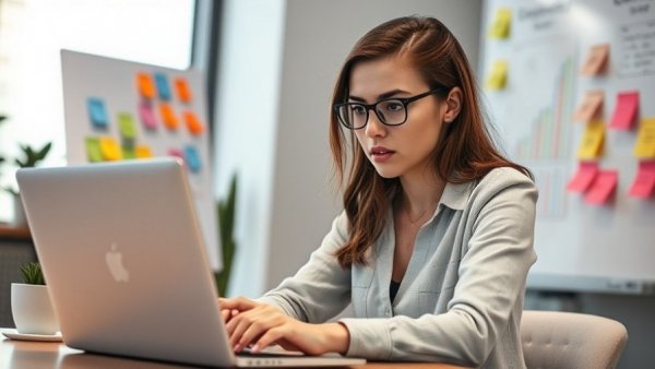 Employee engagement challenges; woman studying data at desk.