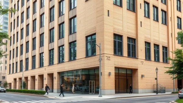 Large beige office building facade with a glass entrance and sidewalk view.