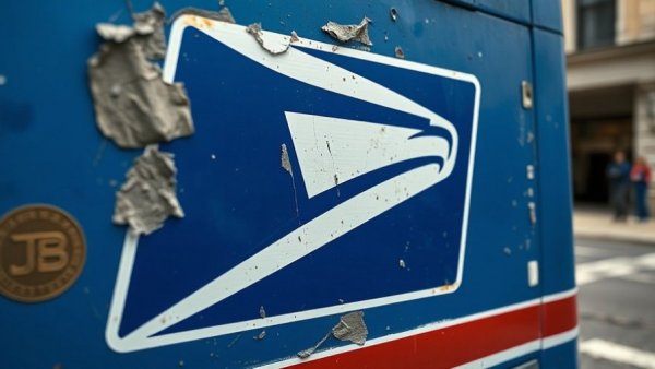 Close-up of USPS truck with logo highlighting visible wear